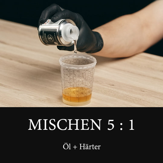 OLI-NATURA Hardener - Mischbecher mit 2K Holzöl im Verhältnis 5 zu 1