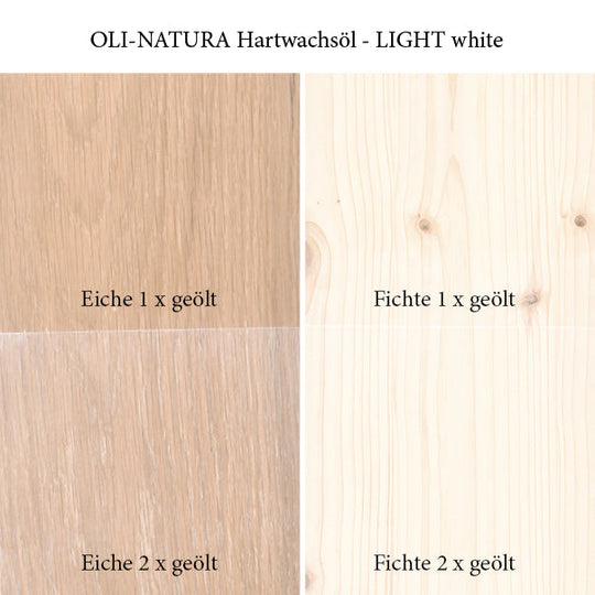 Farbwirkung von OLI-NATURA Hartwachsöl LIGHT white auf Eiche und Fichte bei ein- und zweimaligem Auftrag