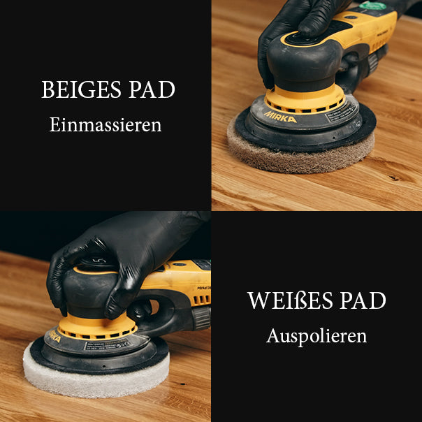 : Holzöl Anwendung mit beigem und weißem Pad