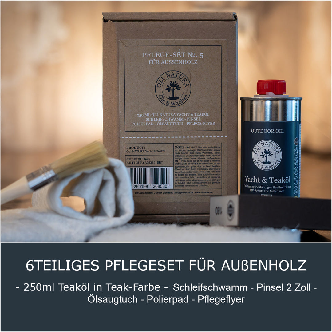 OLI-NATURA Pflege-Sedt No. 5 - •	Inhalt: 250ml Teaköl in Teak-Farbe, 1 Pinsel, 1 Pad, 1 Ölsaugtuch, 1 Schleifschwamm, Pflege-Flyer mit nützlichen Tipps zur Anwendung