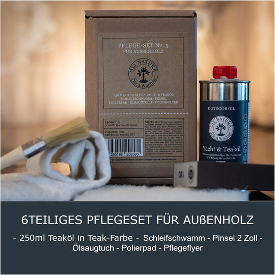 OLI-NATURA Pflege-Sedt No. 5 - •	Inhalt: 250ml Teaköl in Teak-Farbe, 1 Pinsel, 1 Pad, 1 Ölsaugtuch, 1 Schleifschwamm, Pflege-Flyer mit nützlichen Tipps zur Anwendung