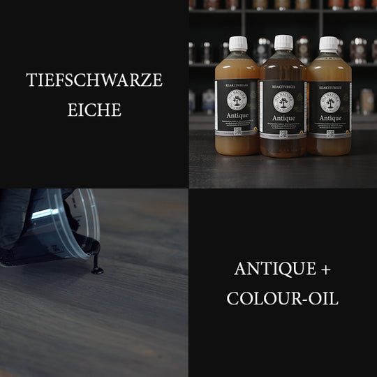 Schwarze Eichenoberfläche durch Kombination aus ANTIQUE Reaktivbeize und Colour-Oil 2C Midnight Black