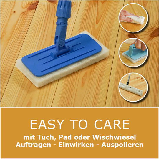 Holzpflegeöl nährt und schützt geöltes Holz – pflegt ausgetrocknete Oberflächen, wirkt wasserabweisend, antistatisch und ist speichel- & schweißecht.