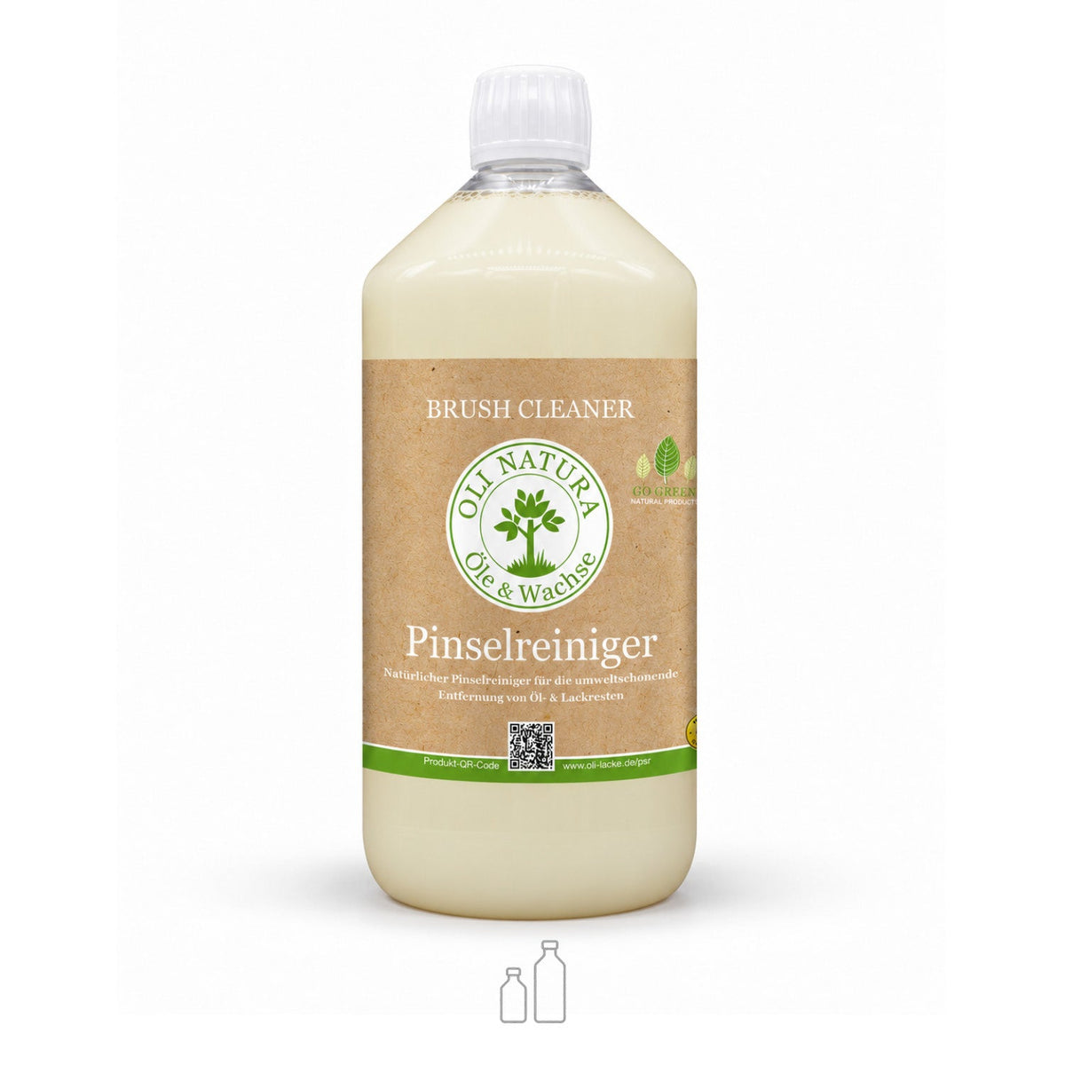 OLI NATURA® Pinselreiniger mit Symbol für zwei verfügbare Gebindegrößen