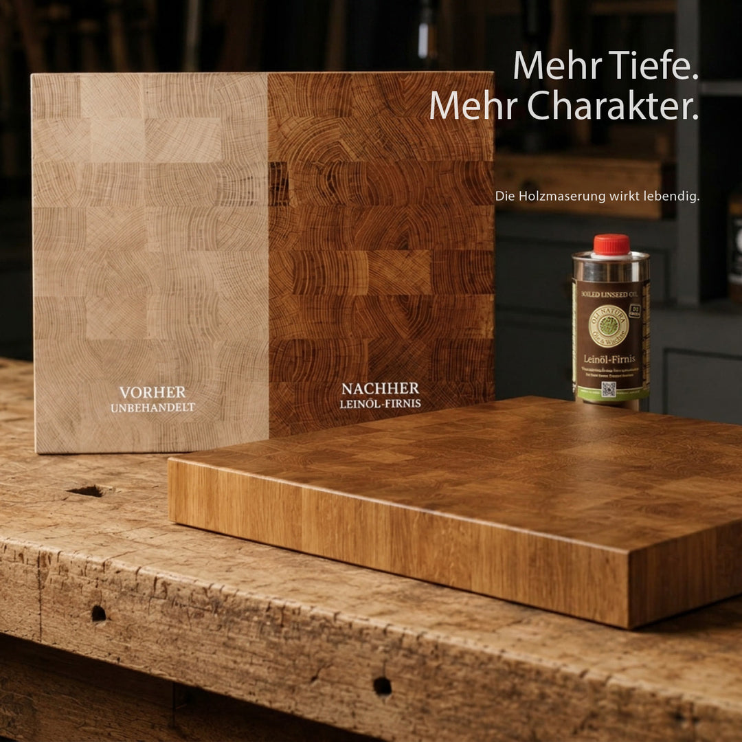 Vorher-Nachher Vergleich eines Stirnholz-Schneidebretts aus Eiche mit OLI-NATURA Leinöl-Firnis. Die Maserung wirkt deutlich satter und lebendiger