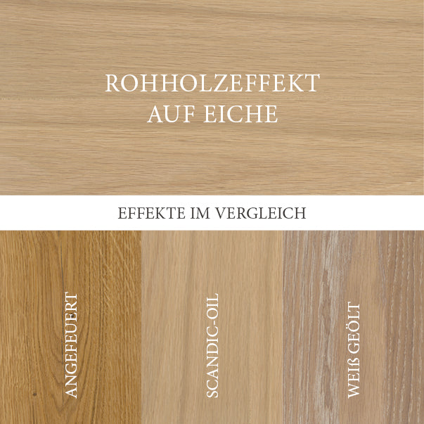Rohholzeffekt auf Eiche im Vergleich: angefeuertes Öl, Scandic-Oil und weiß geölte Oberflächen