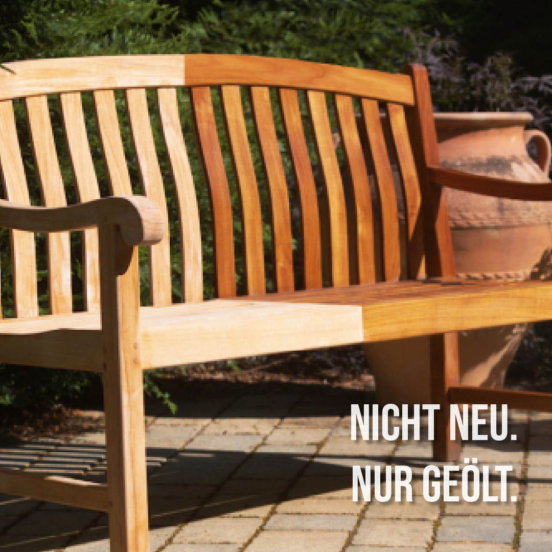 Teak Gartenbank vor und nach Ölbehandlung – Holzoberfläche sichtbar aufgefrischt