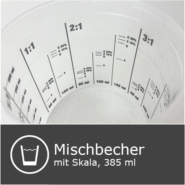 Mischbecher mit Scala für Mischungsverhältnisse von 1:1 bis 5:1 